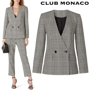 Club Monaco Black White Check Ginghams Double Breasted Collarless Blazer Jacket